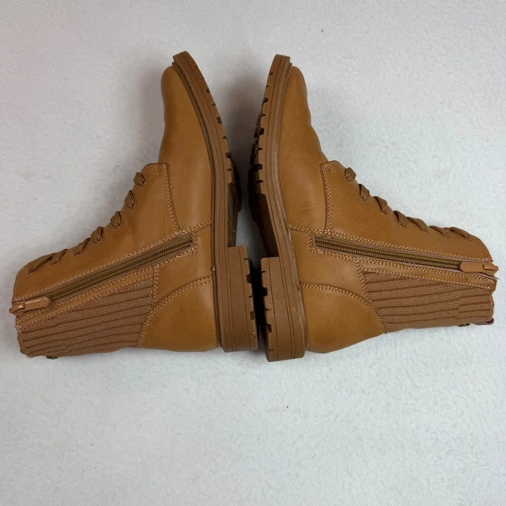 Sam Edelman Kids Tan Leather Ribbed Knit Combat Boots Side Zip Lug Sole Size 4